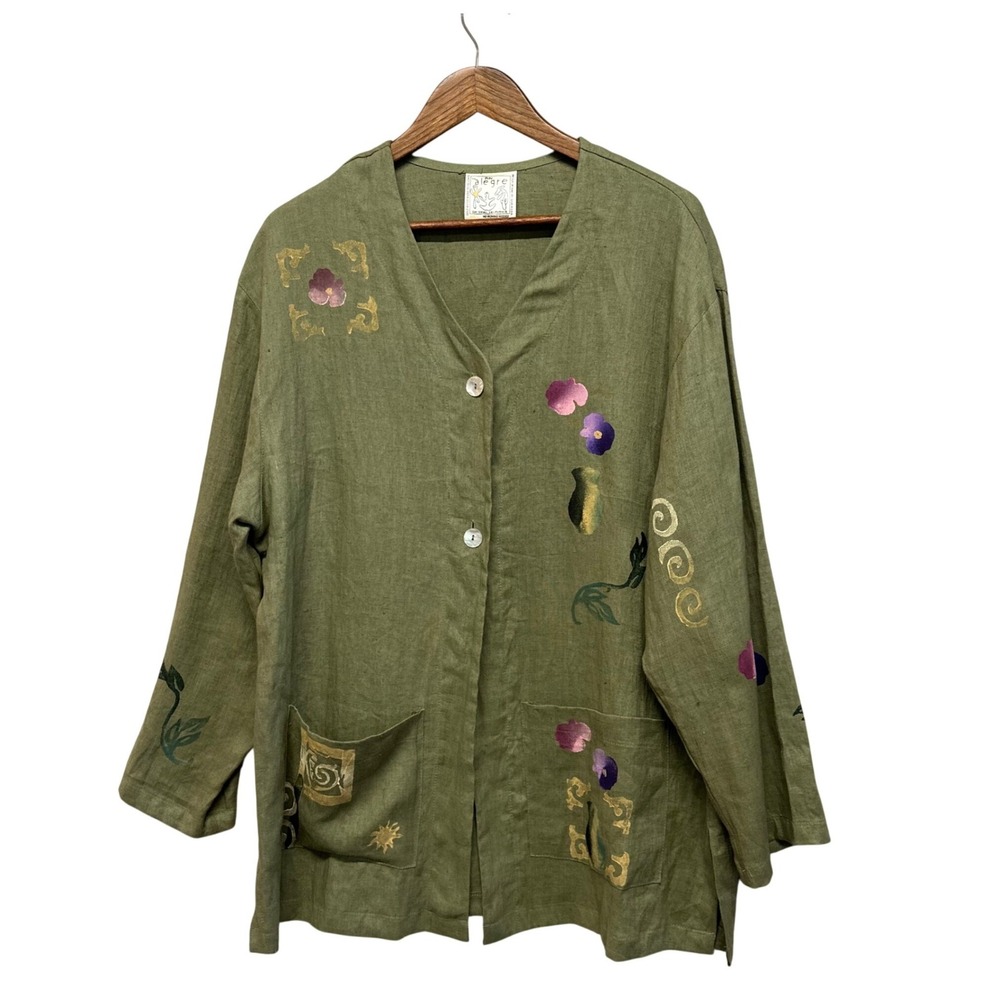 Play Alegre Hand Painted 100% Linen‎ Jacket Womens Sz L Green Floral Art to Wear